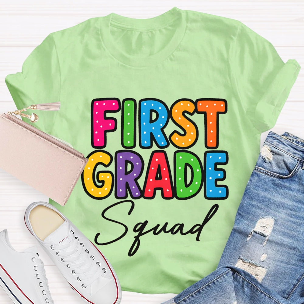 Personalized Grade First Grade Squad Polka Dot Print Teacher T-shirt