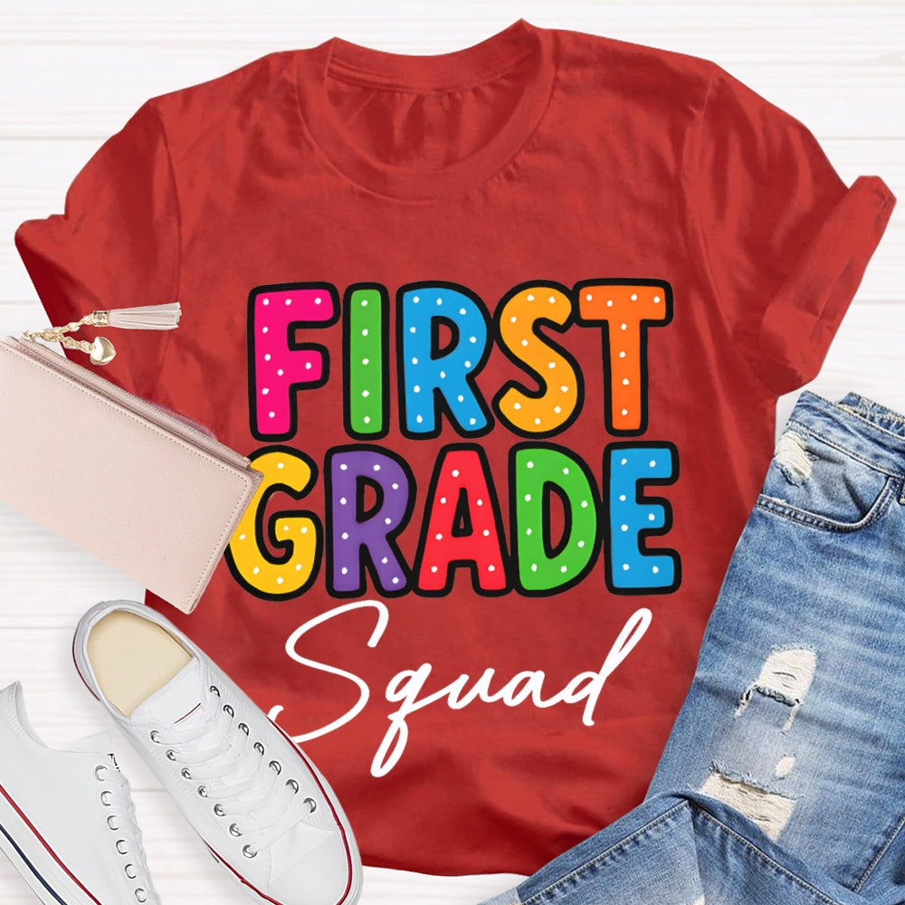 Personalized Grade First Grade Squad Polka Dot Print Teacher T-shirt