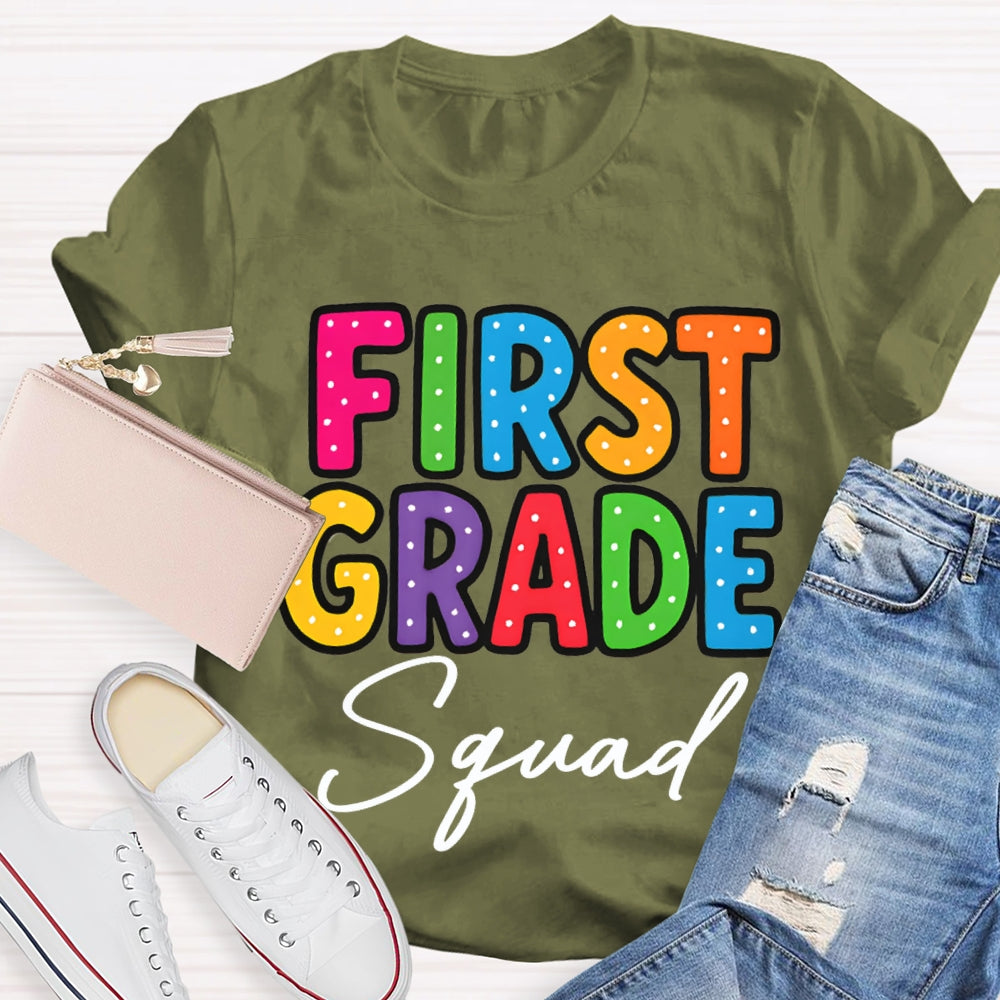 Personalized Grade First Grade Squad Polka Dot Print Teacher T-shirt