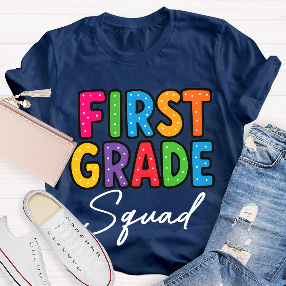 Personalized Grade First Grade Squad Polka Dot Print Teacher T-shirt