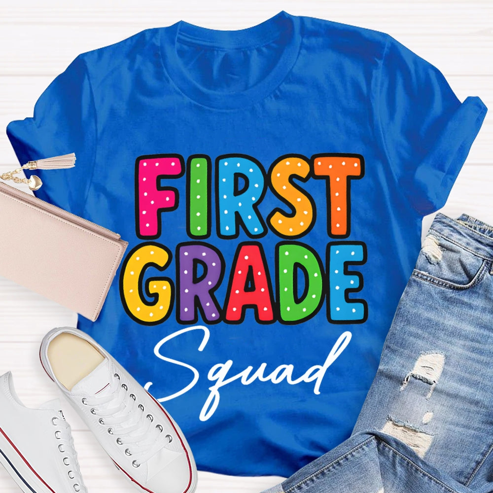 Personalized Grade First Grade Squad Polka Dot Print Teacher T-shirt
