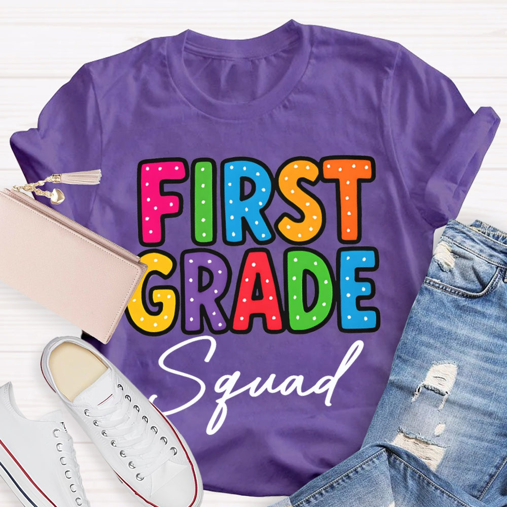 Personalized Grade First Grade Squad Polka Dot Print Teacher T-shirt