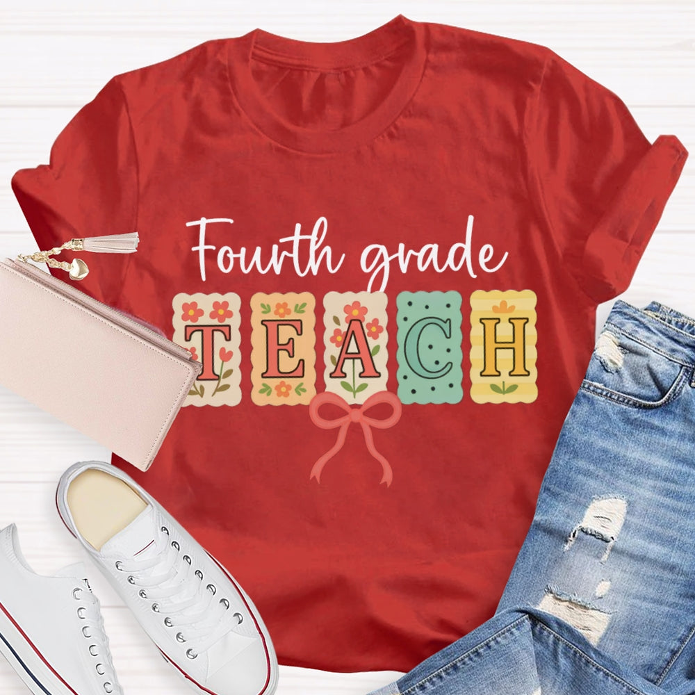 Personalized Grade Fourth Grade Teach Pink Bow T-shirt