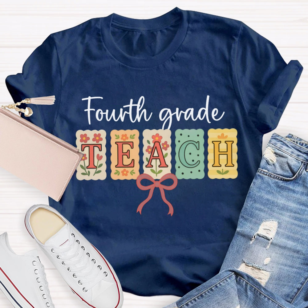 Personalized Grade Fourth Grade Teach Pink Bow T-shirt