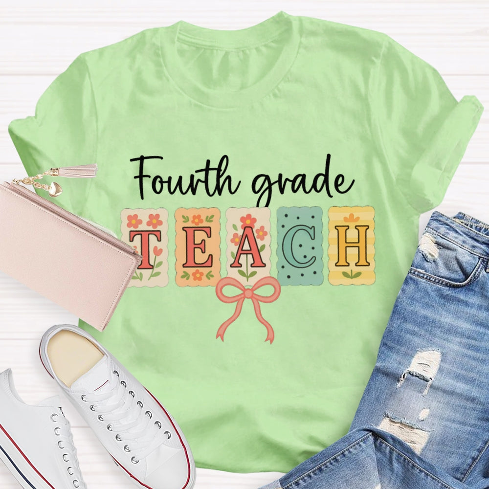 Personalized Grade Fourth Grade Teach Pink Bow T-shirt