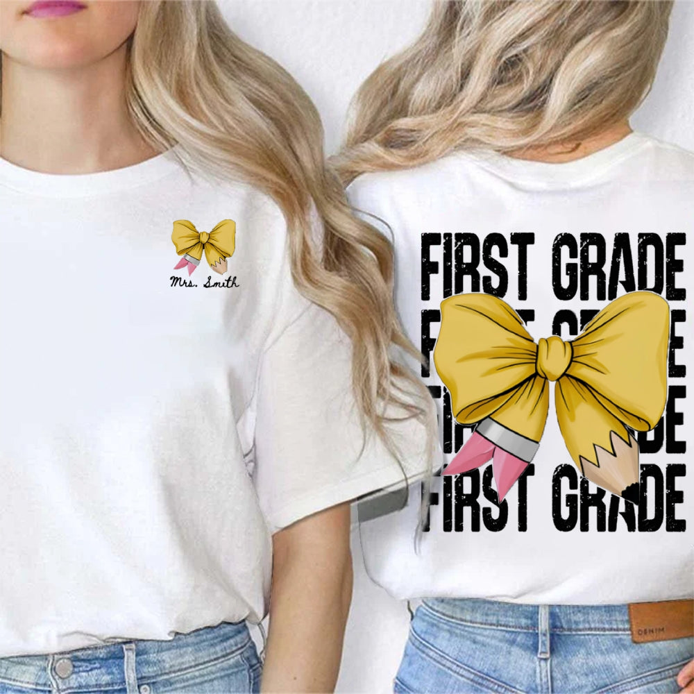 Personalized Grade First Grade Yellow Bow Teacher Double Printed T-shirt