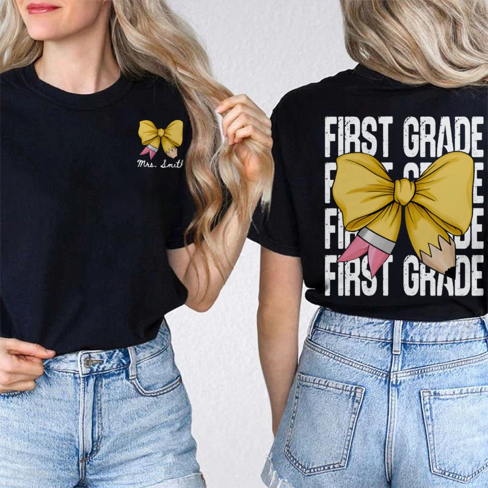 Personalized Grade First Grade Yellow Bow Teacher Double Printed T-shirt