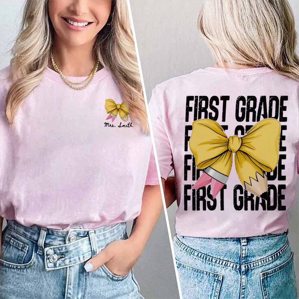 Personalized Grade First Grade Yellow Bow Teacher Double Printed T-shirt