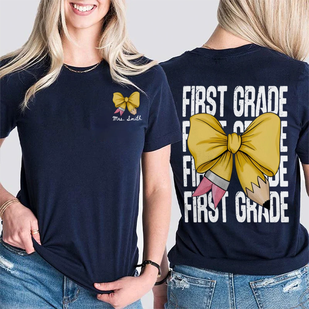 Personalized Grade First Grade Yellow Bow Teacher Double Printed T-shirt