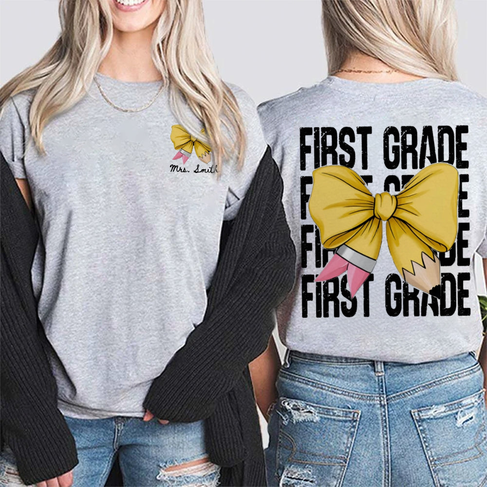 Personalized Grade First Grade Yellow Bow Teacher Double Printed T-shirt