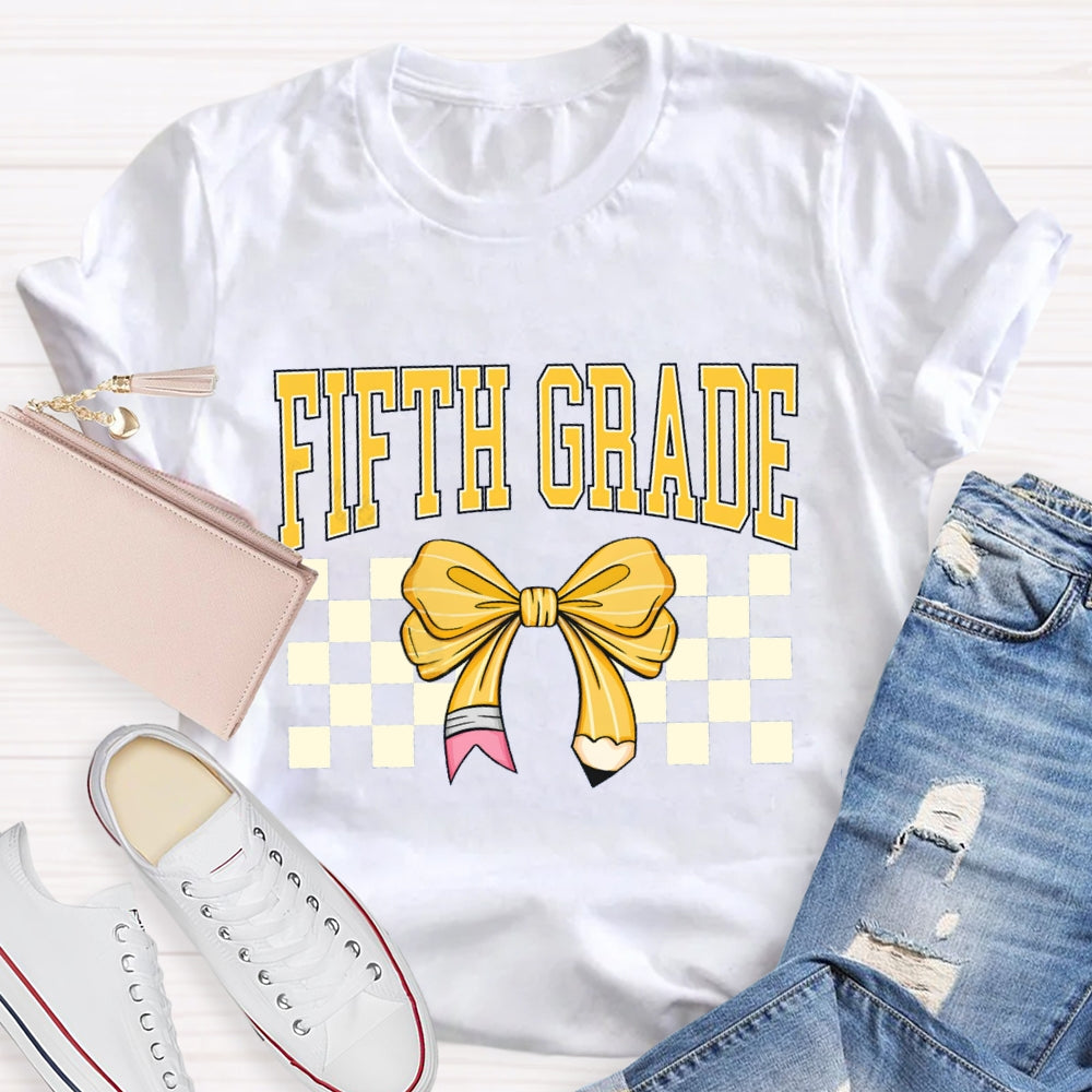 Personalized Grade Fifth Grade Yellow Bow Teacher T-shirt