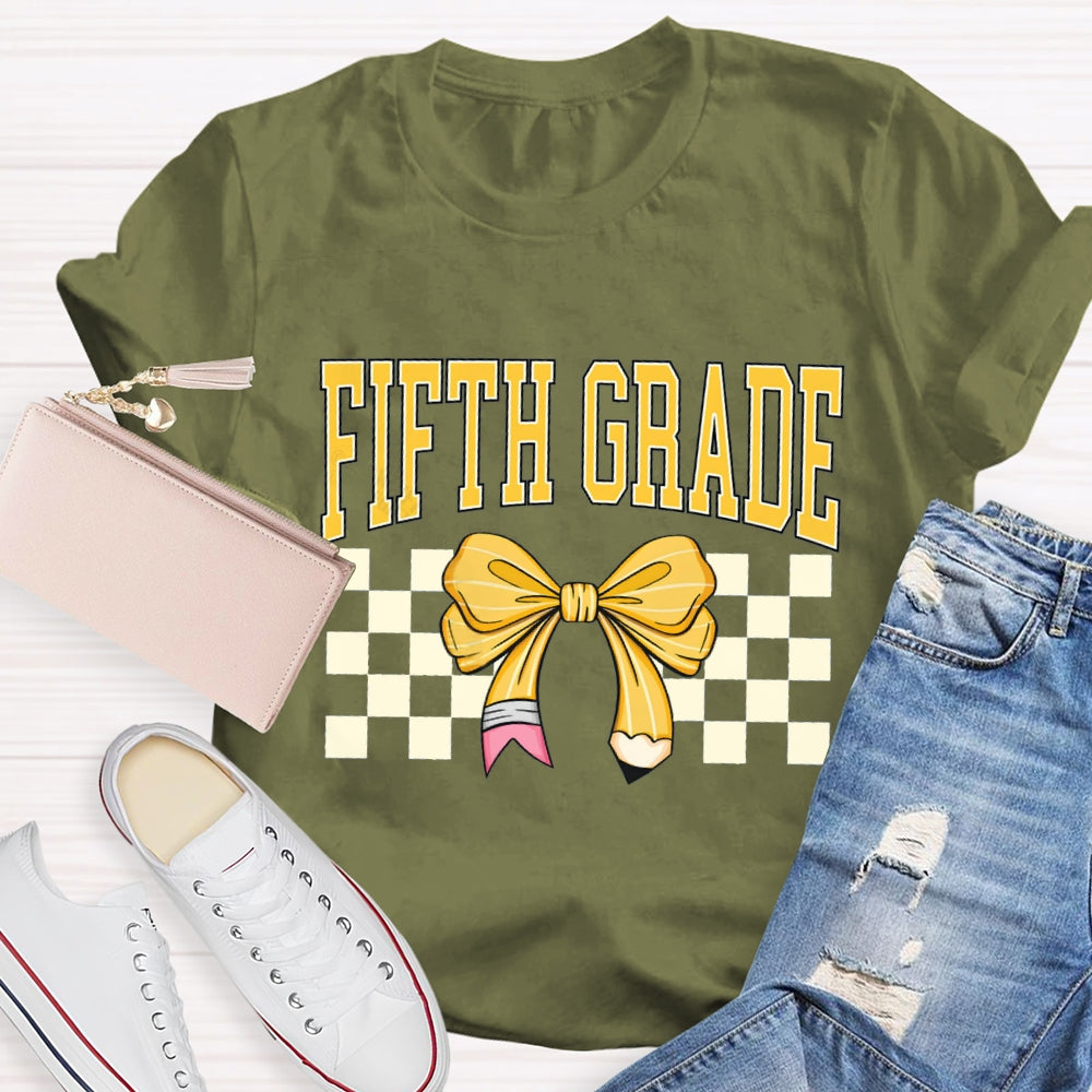 Personalized Grade Fifth Grade Yellow Bow Teacher T-shirt