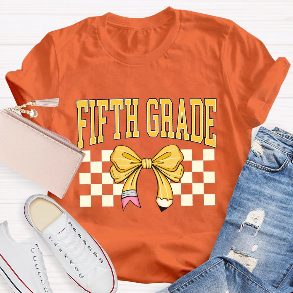 Personalized Grade Fifth Grade Yellow Bow Teacher T-shirt