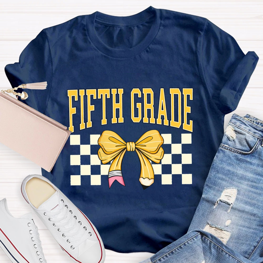 Personalized Grade Fifth Grade Yellow Bow Teacher T-shirt