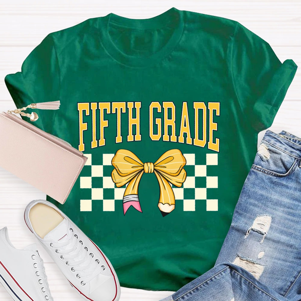 Personalized Grade Fifth Grade Yellow Bow Teacher T-shirt