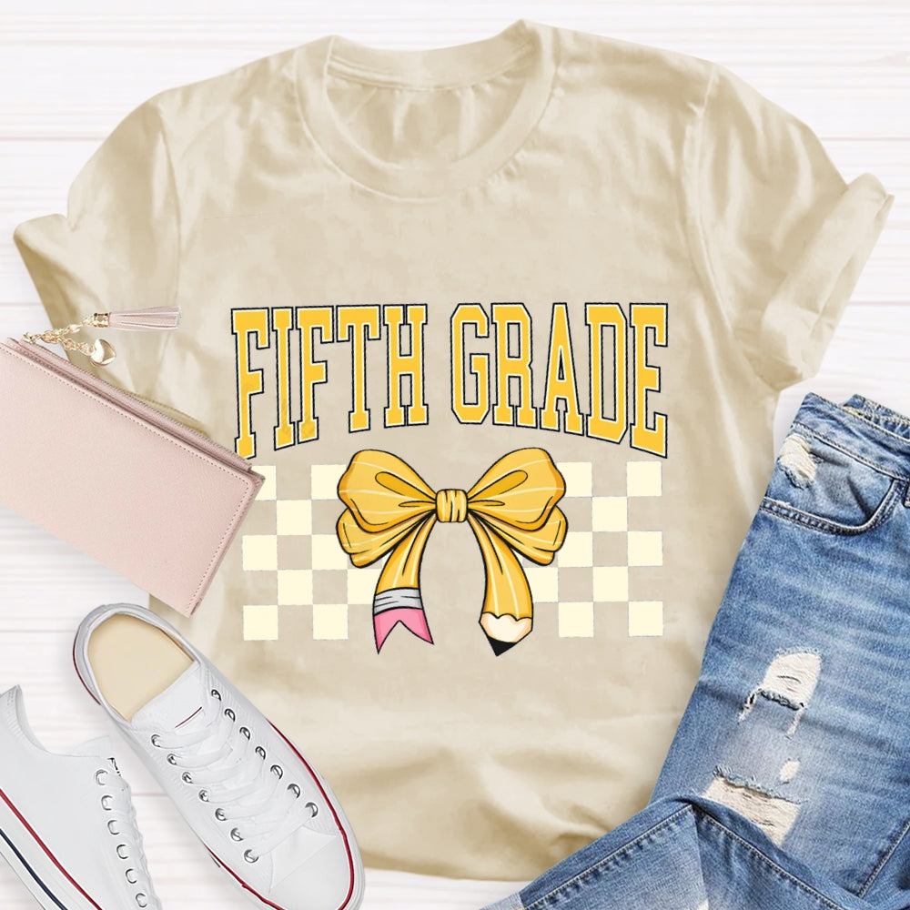 Personalized Grade Fifth Grade Yellow Bow Teacher T-shirt