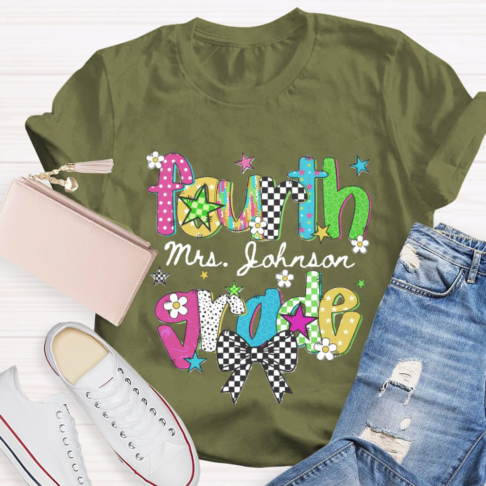 Personalized Name And Grade Fourth Grade Bow Teacher T-shirt