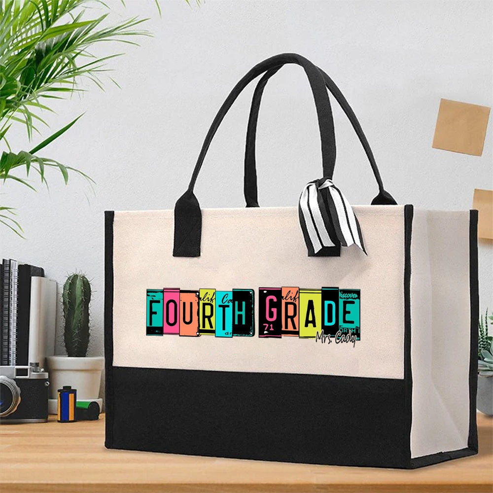 Personalized Grade And Name Color Block Back To School Cotton Tote Bag