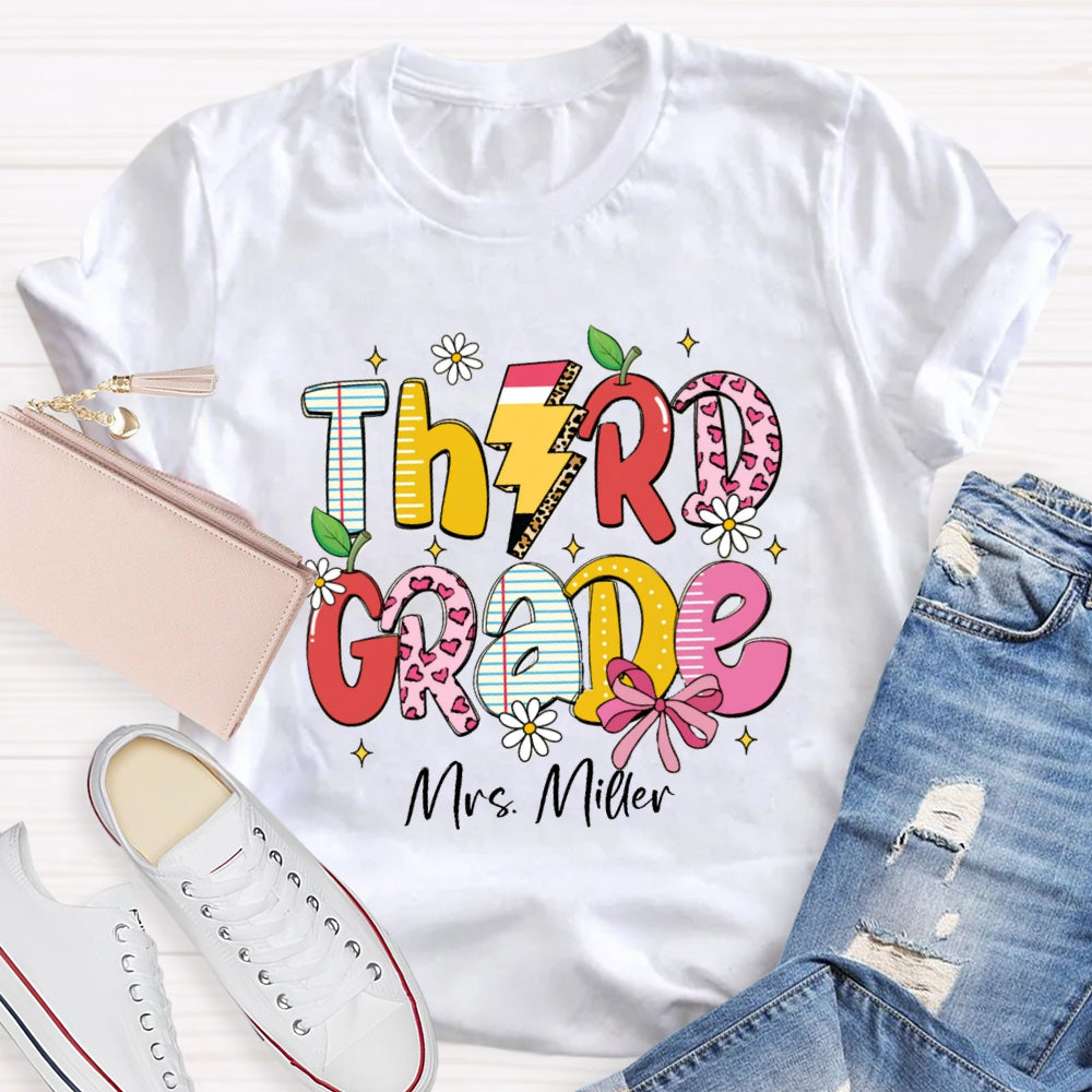 Personalized Grade And Name Pink Heart Apple Pencil T-shirt