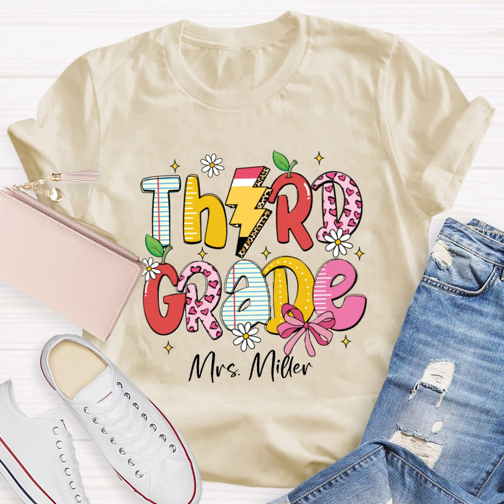 Personalized Grade And Name Pink Heart Apple Pencil T-shirt