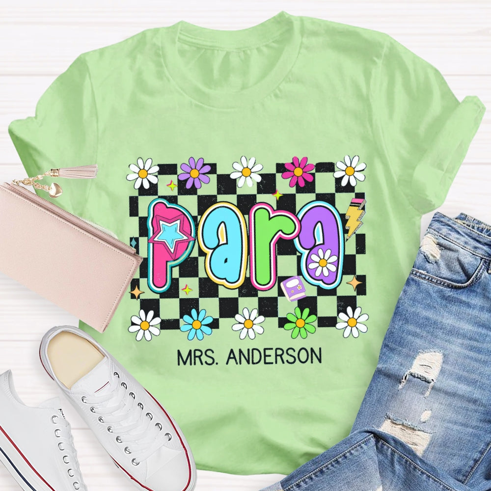 Personalized Para Teacher Name Checkerboard Flower T-shirt
