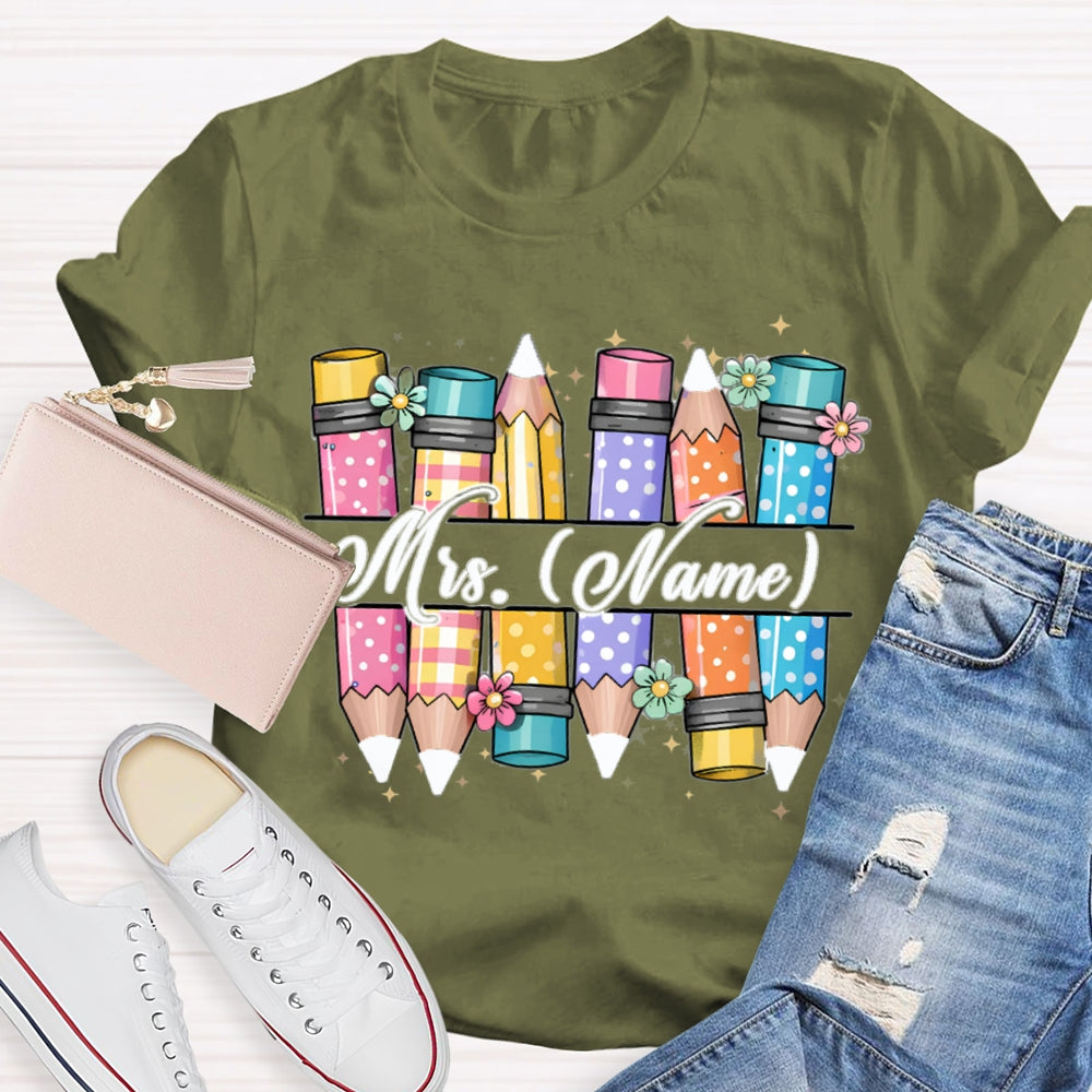 Personalized Name Colorful Pencils Teacher T-shirt