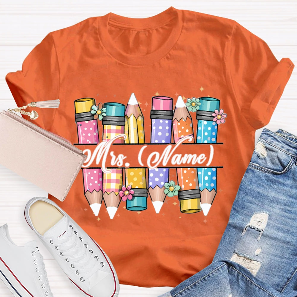 Personalized Name Colorful Pencils Teacher T-shirt