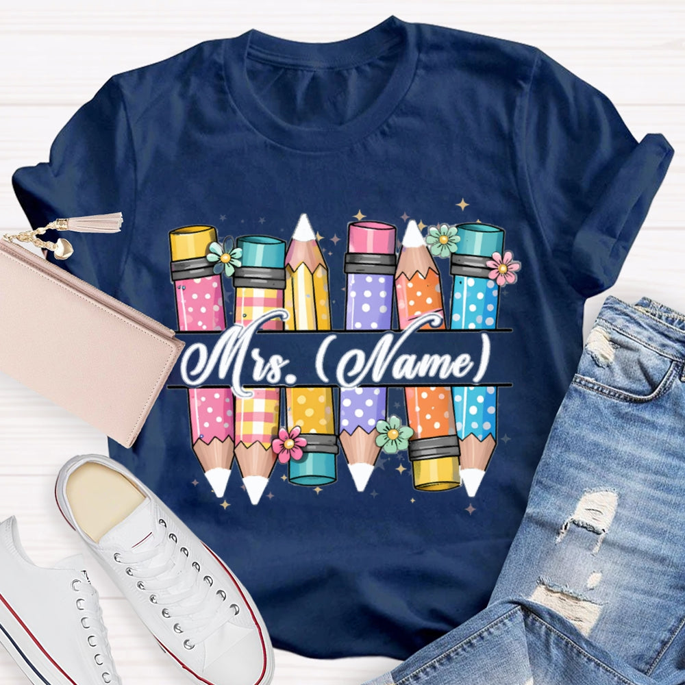 Personalized Name Colorful Pencils Teacher T-shirt