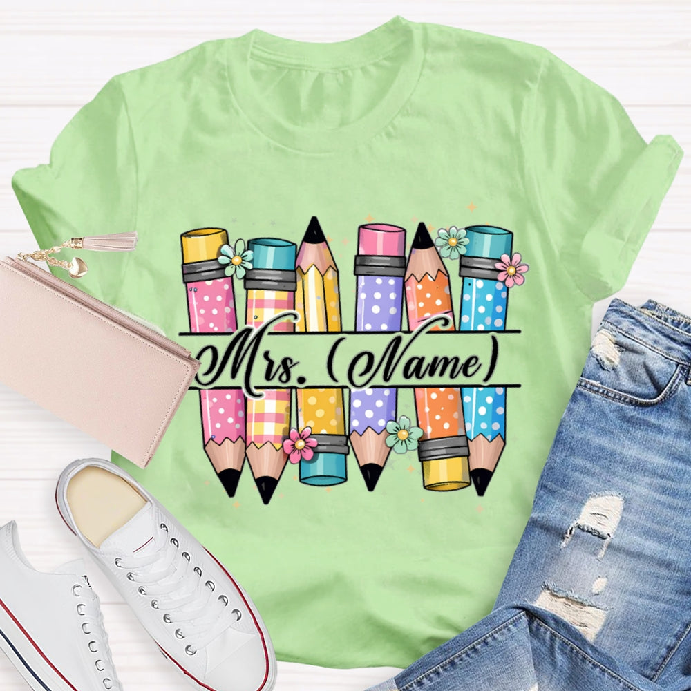 Personalized Name Colorful Pencils Teacher T-shirt