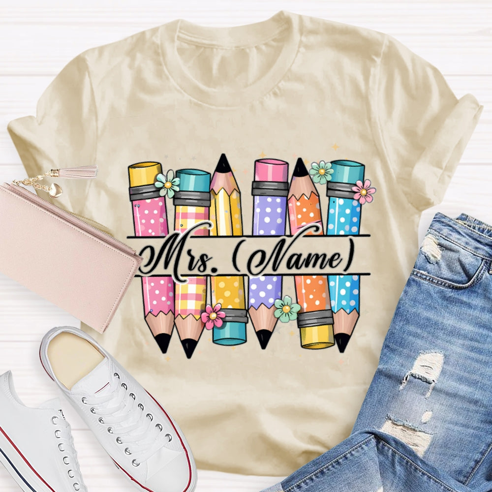 Personalized Name Colorful Pencils Teacher T-shirt