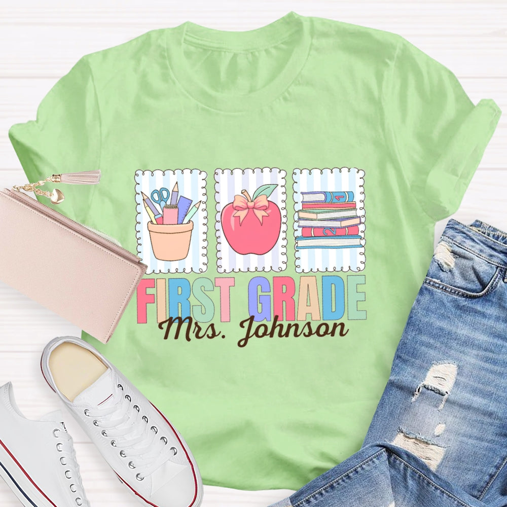 Personalized Name And Grade First Grade Apple And Books T-shirt