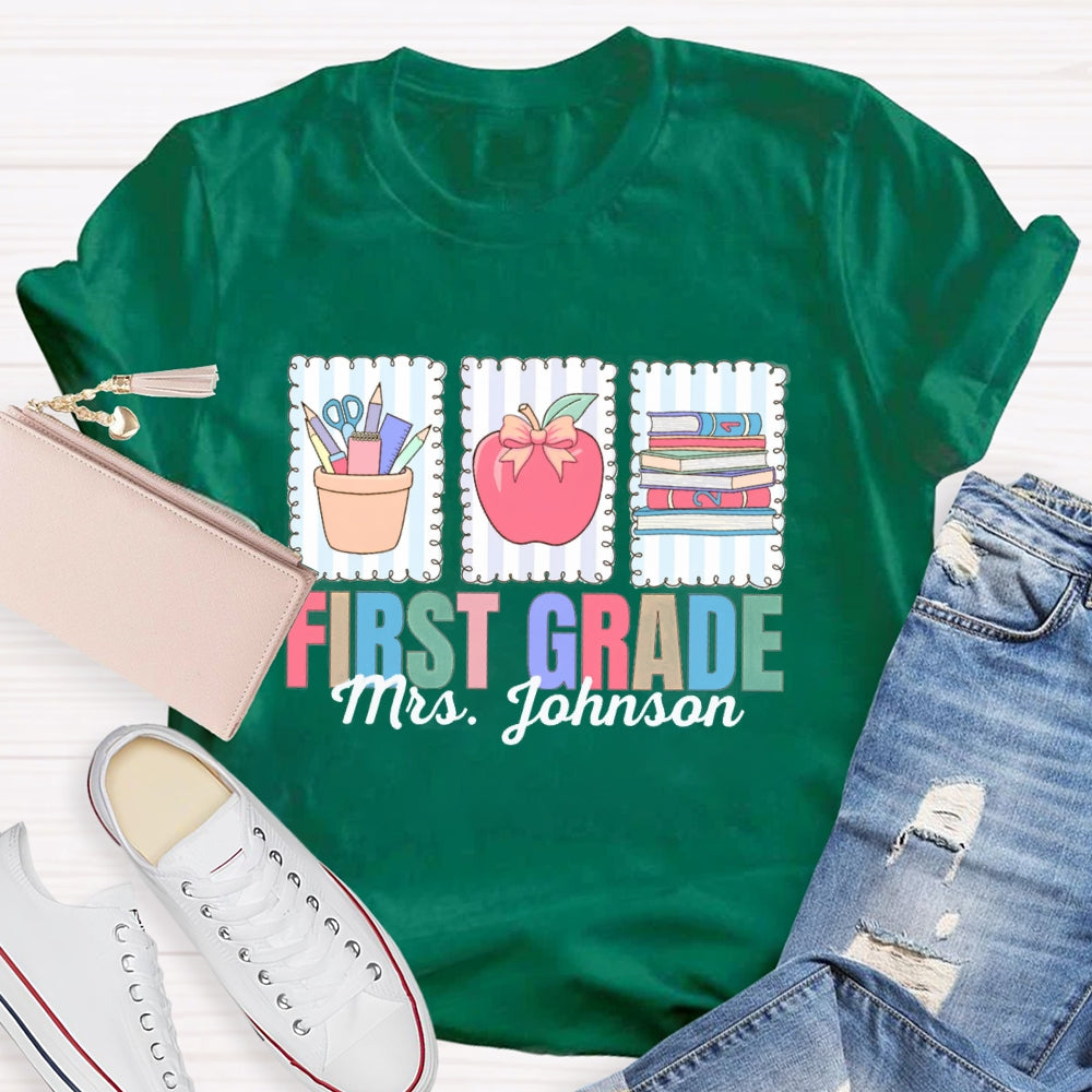 Personalized Name And Grade First Grade Apple And Books T-shirt