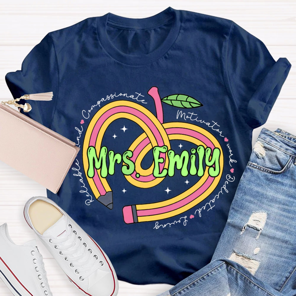Personalized Name Pencil Heart Teacher T-shirt