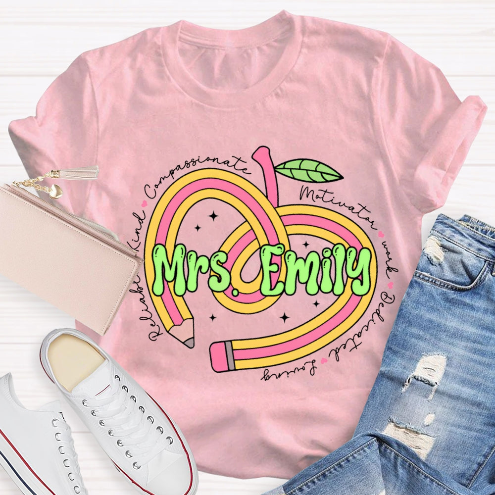 Personalized Name Pencil Heart Teacher T-shirt