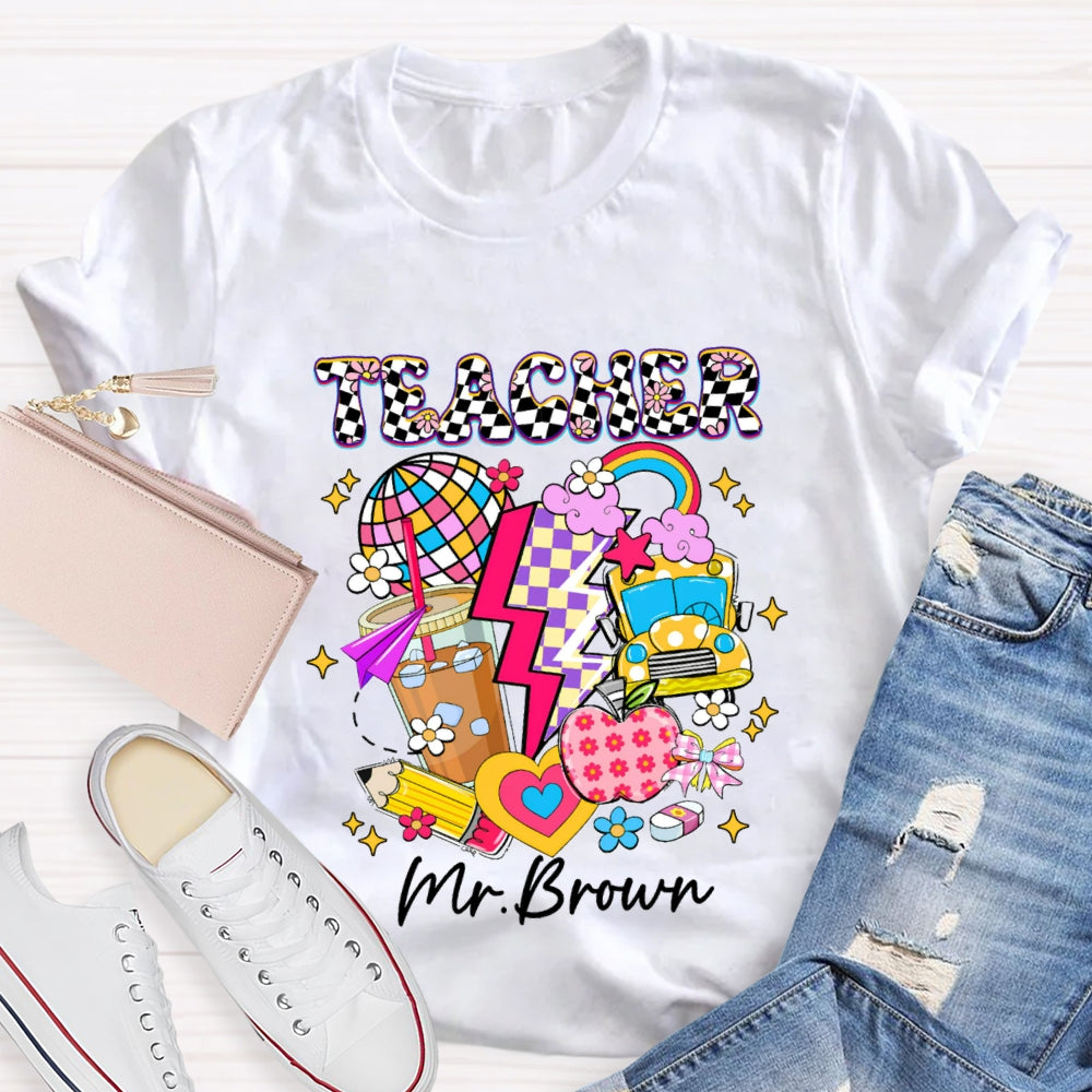Personalized Name Checkerboard Pink Apple Pencil T-shirt