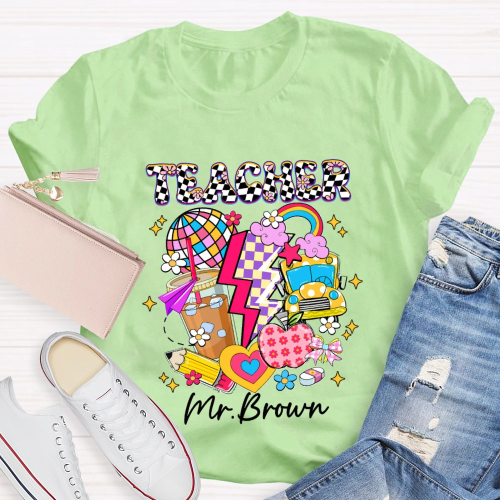 Personalized Name Checkerboard Pink Apple Pencil T-shirt