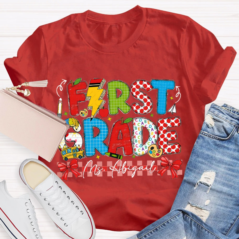 Personalized Name And Grade First Grade Red Bow T-shirt