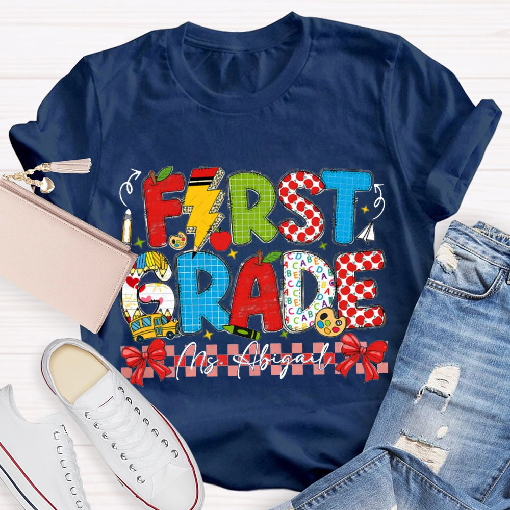 Personalized Name And Grade First Grade Red Bow T-shirt