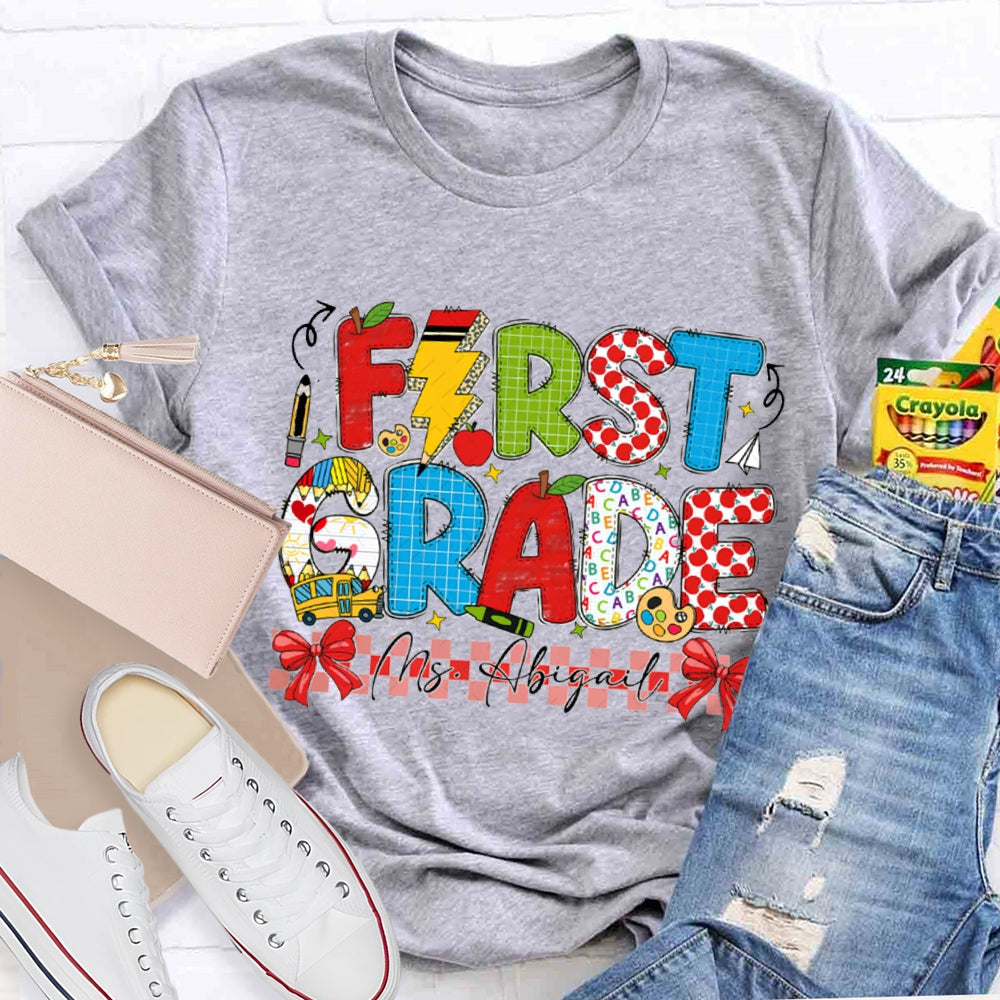 Personalized Name And Grade First Grade Red Bow T-shirt