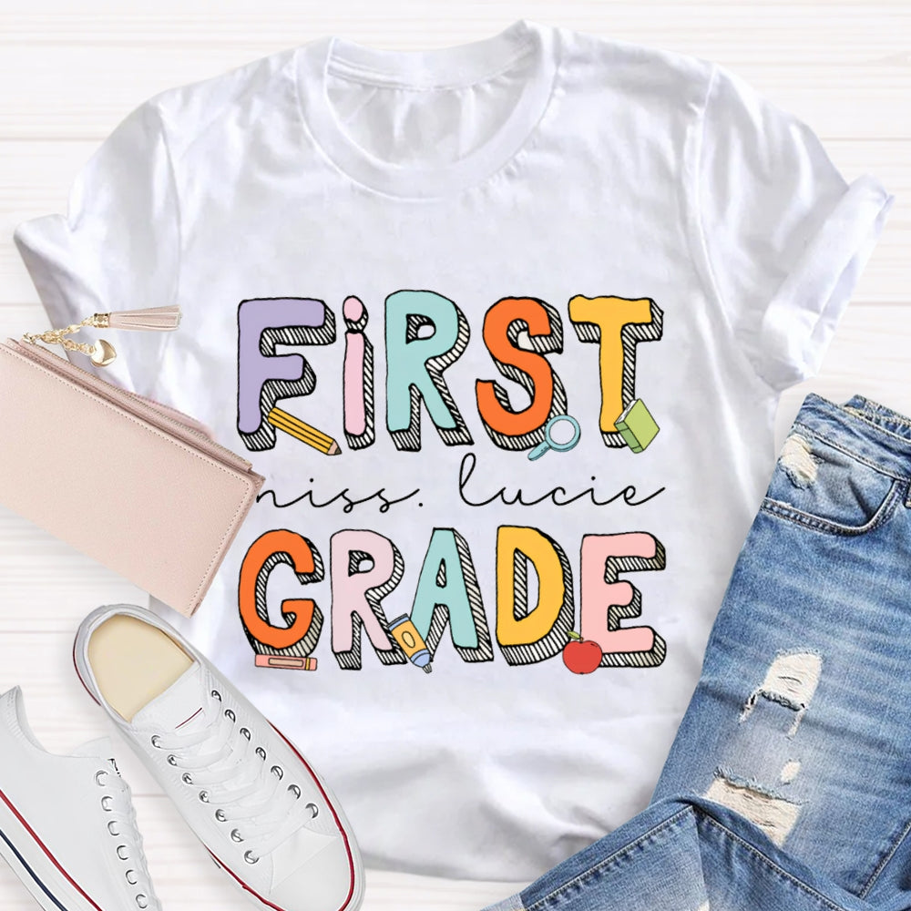 Personalized Name And Grade First Grade Striped Letter Print T-shirt