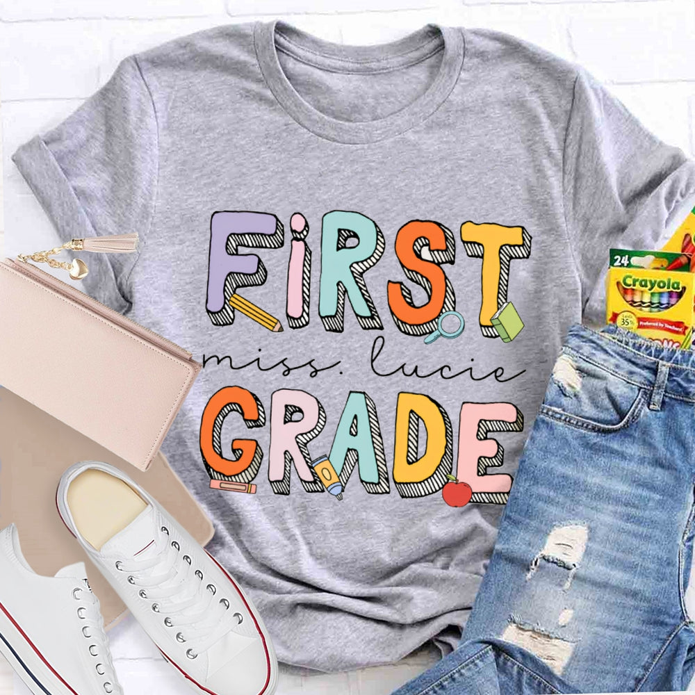 Personalized Name And Grade First Grade Striped Letter Print T-shirt