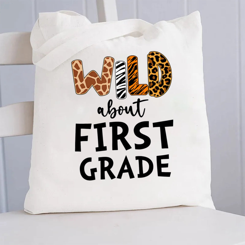 Personalized Grade Wild About First Grade Canvas Tote Bag