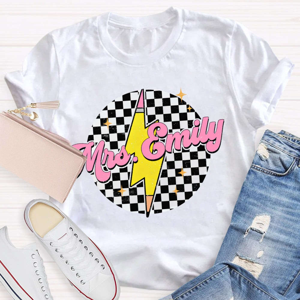 Personalized Name Black And White Square And Lightning Print Teacher T-shirt