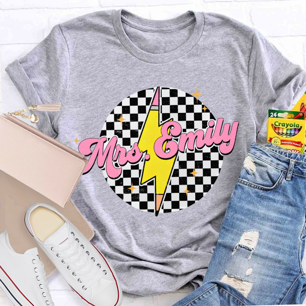 Personalized Name Black And White Square And Lightning Print Teacher T-shirt