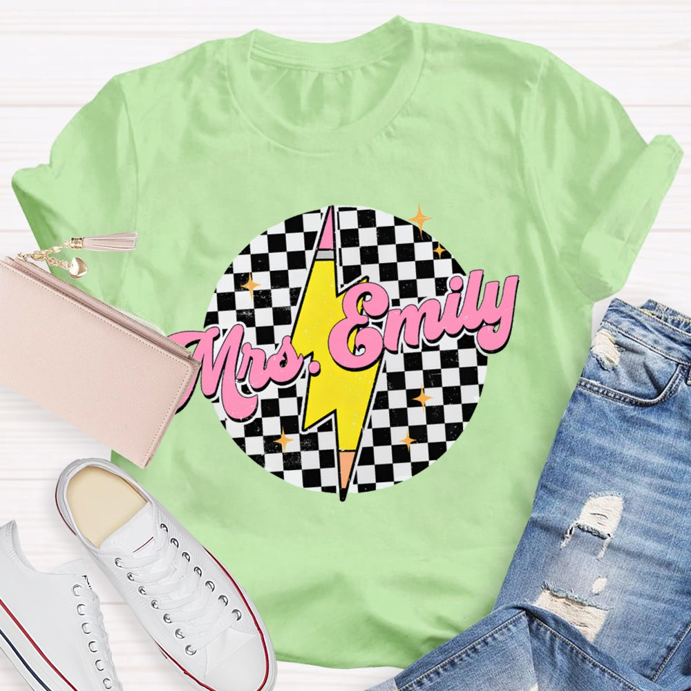 Personalized Name Black And White Square And Lightning Print Teacher T-shirt