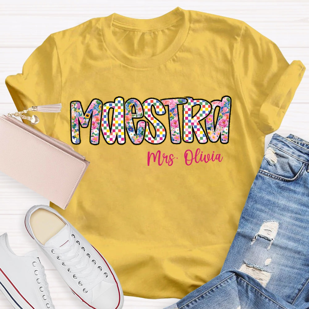 Personalized Name Maestra Bilingual Teacher Colorful Tie-Dye Print T-shirt