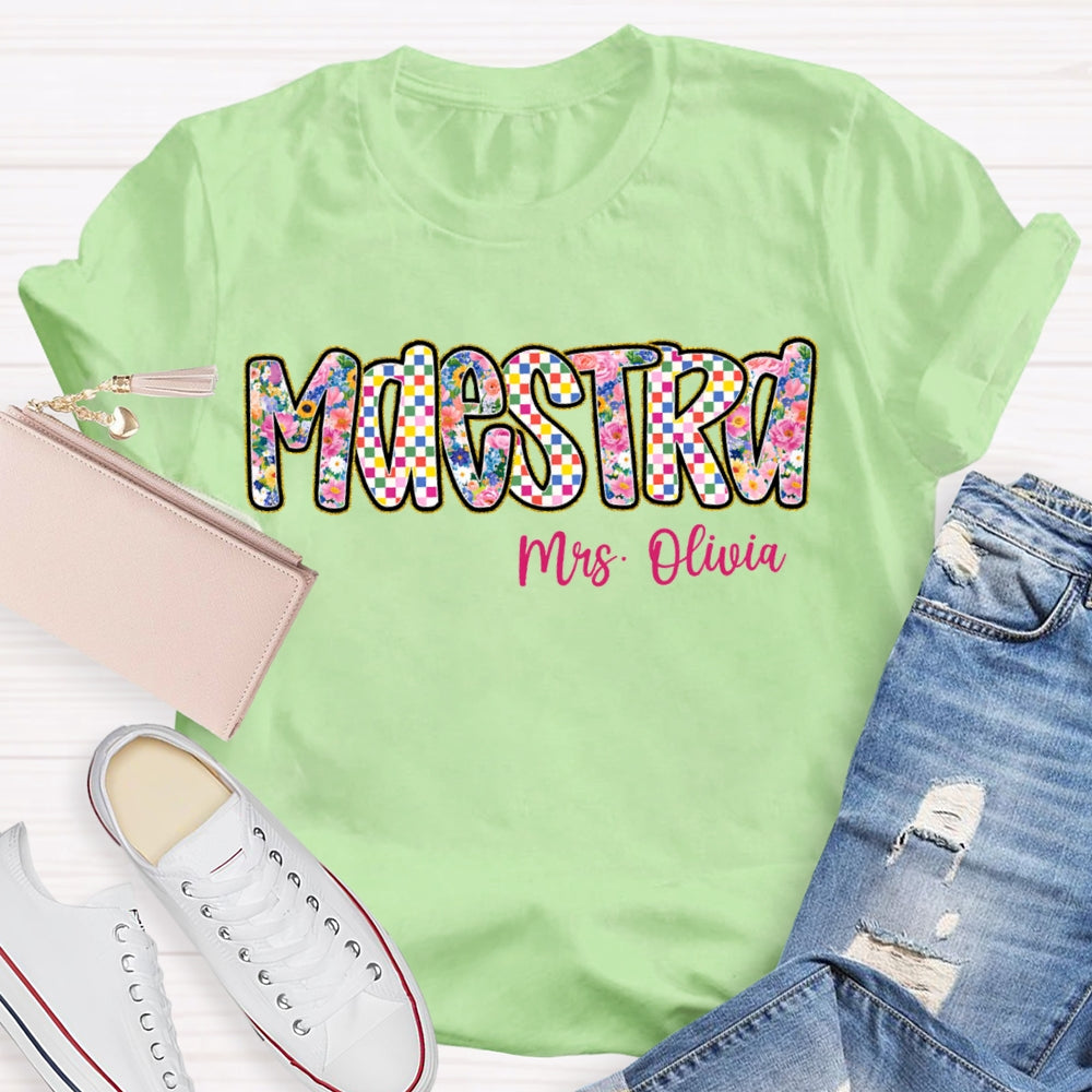 Personalized Name Maestra Bilingual Teacher Colorful Tie-Dye Print T-shirt