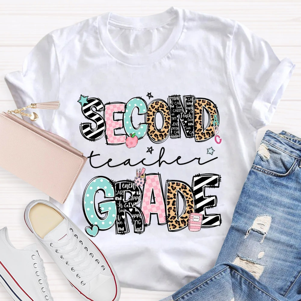 Personalized Name And Grade Second Grade Stripes And Leopard Print T-shirt