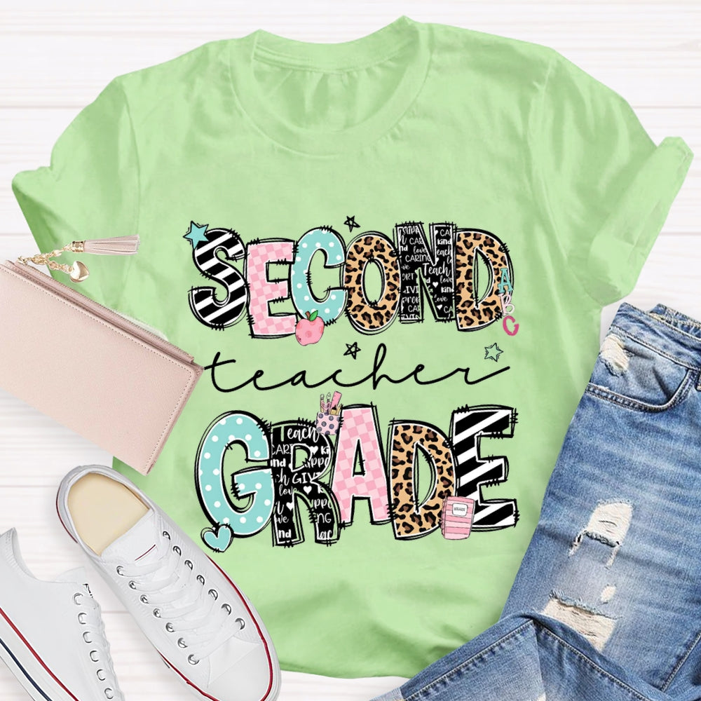 Personalized Name And Grade Second Grade Stripes And Leopard Print T-shirt