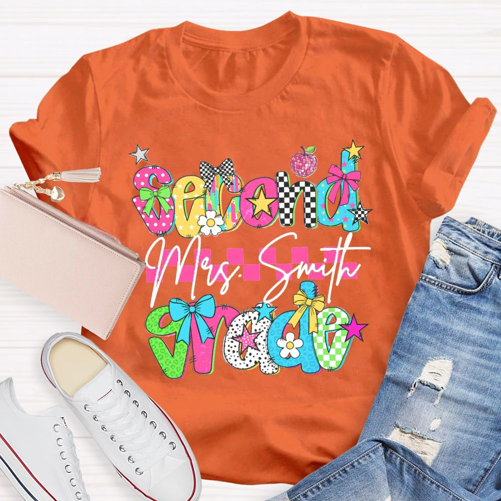 Personalized Name And Grade Second Grade Pink Checkered T-shirt